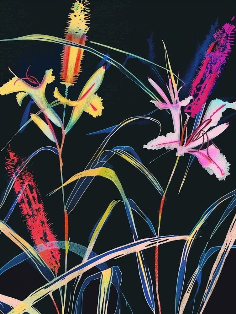 Neon Flowers On Black Fountain Grass 2