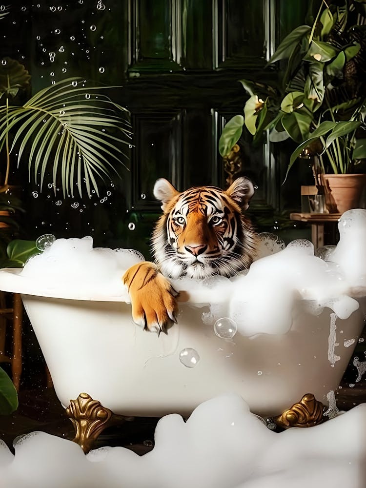 Tropical Tiger In Bathtub Print Bathroom Wall Art, Tiger Poster, Tiger In A Bath Print, Trendy Bathroom Wall Decor, Tiger Bathroom Print