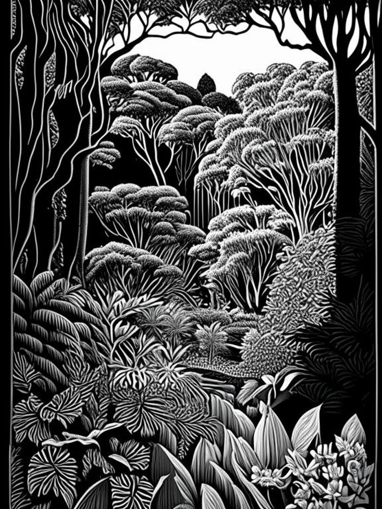 Royal Botanic Gardens, Sydney, Australia Linocut Black And White Vintage