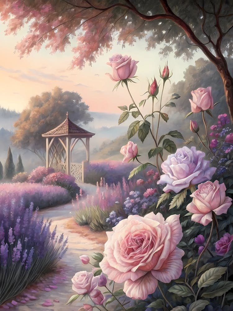 A Serene Garden with Delicate Roses Oil Painting Style