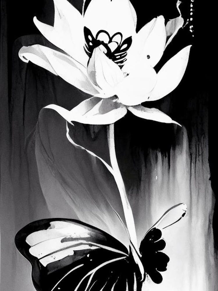 Lotus And Butterfly Symbol Black And White Painting