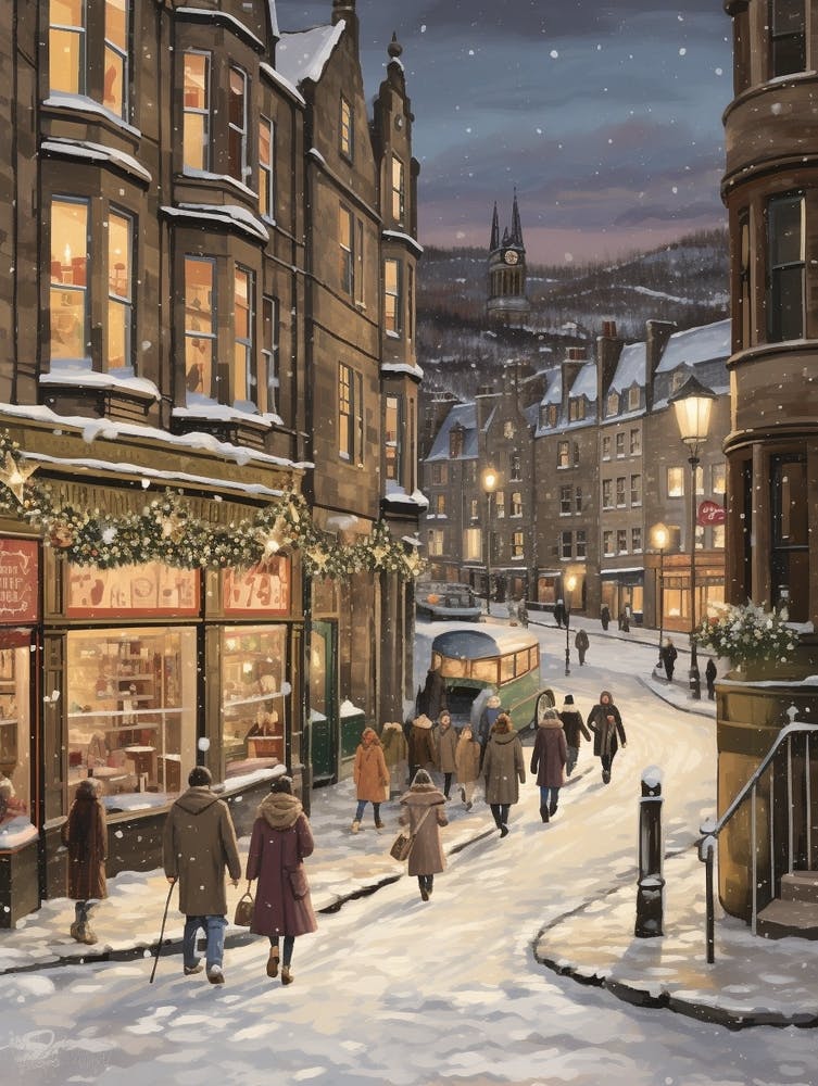 Vintage Winter Illustration Edinburgh Scotland 1
