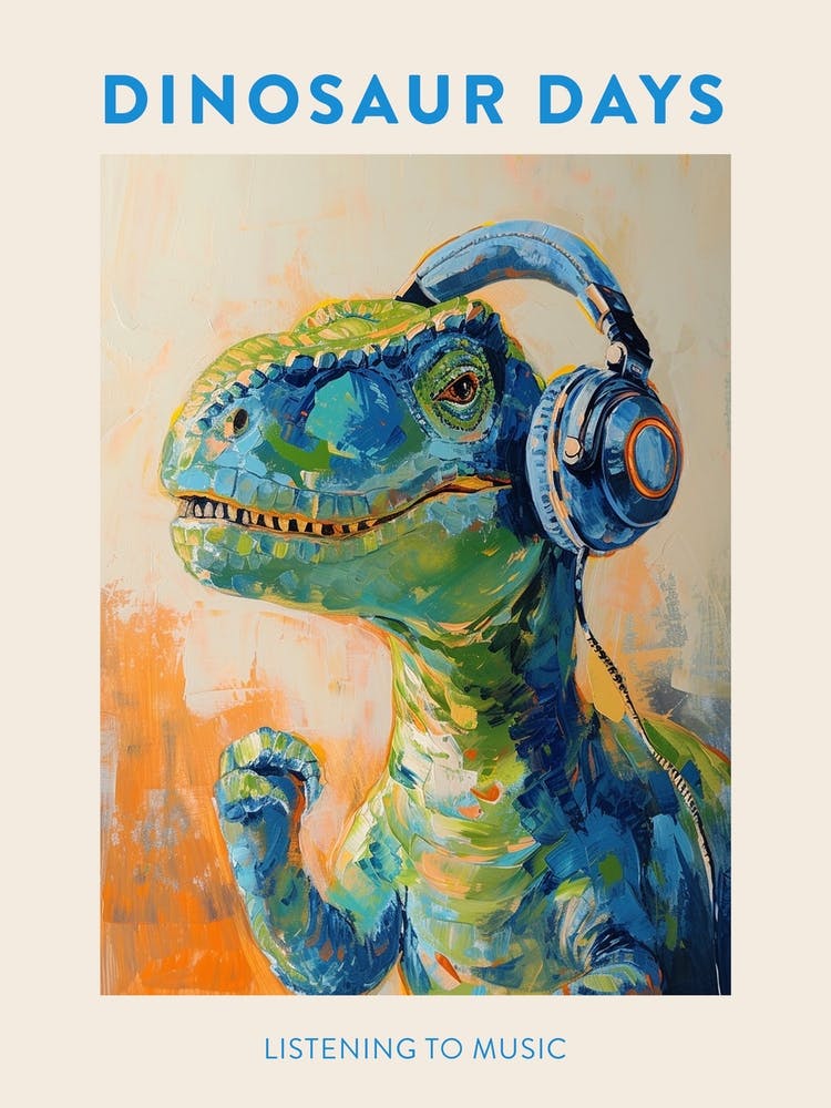 Listening To Music Orange Blue Dinosaur Poster