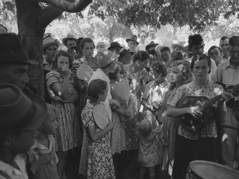 Group Of People Assembled Under Tree To Listen To Revival Rally On Saturday Afternoon, Tahlequah, Oklahoma By