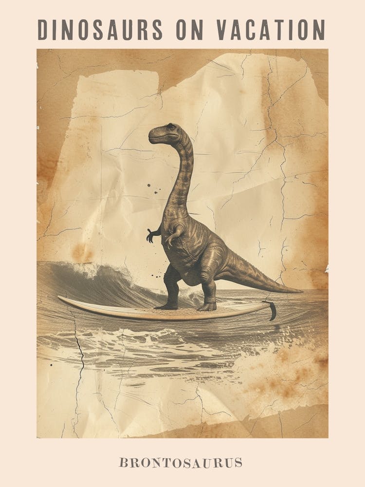 Vintage Brontosaurus Dinosaur On A Surf Board 2 Poster