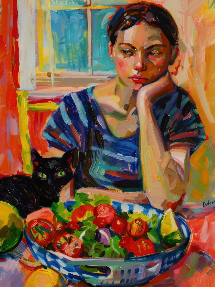 Portrait Of A Girl With Cats Eating Salad 2