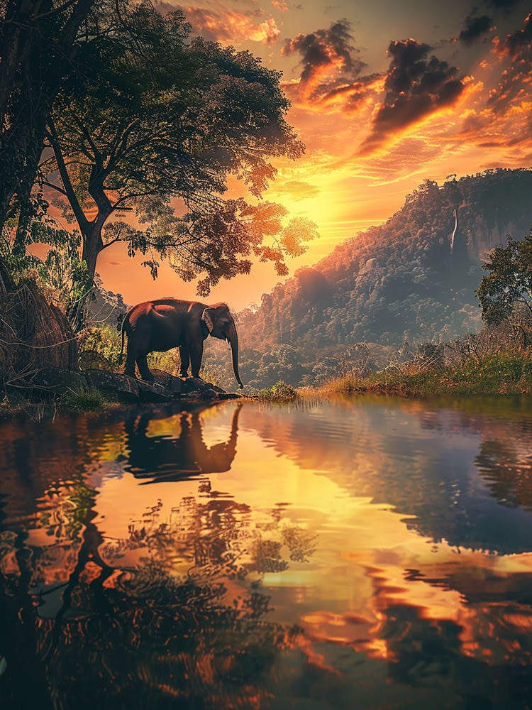 Elephant In The Forest At Sunset
