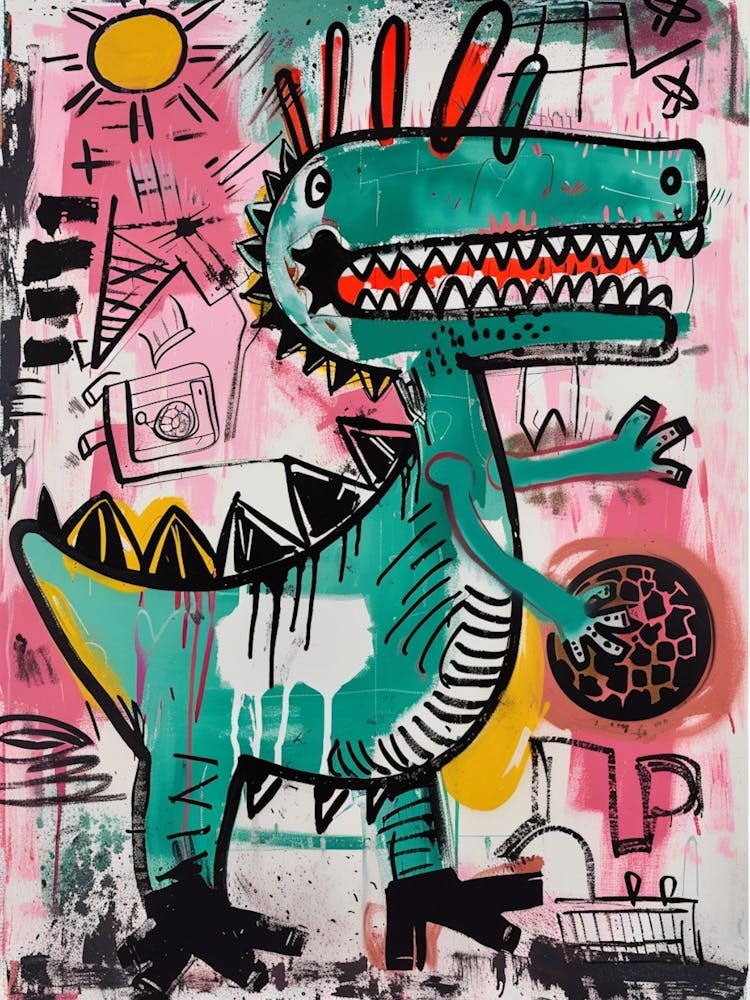 Dinosaur Playing Football Pink Graffiti Brushstroke 2