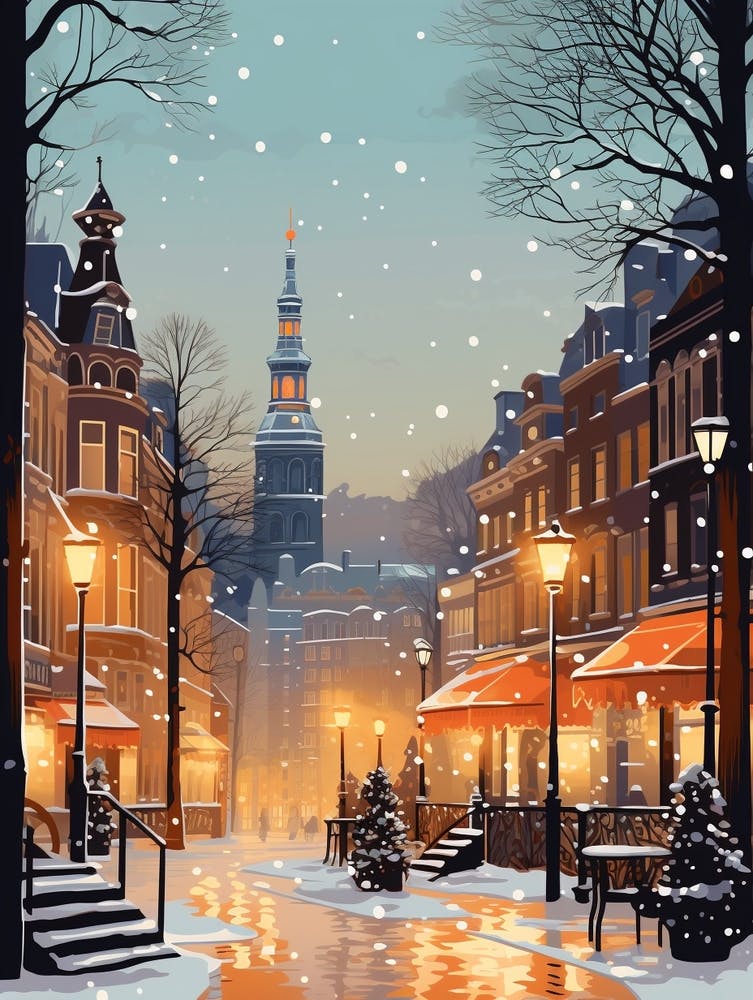 Winter Travel Night Illustration Hamburg Germany 3