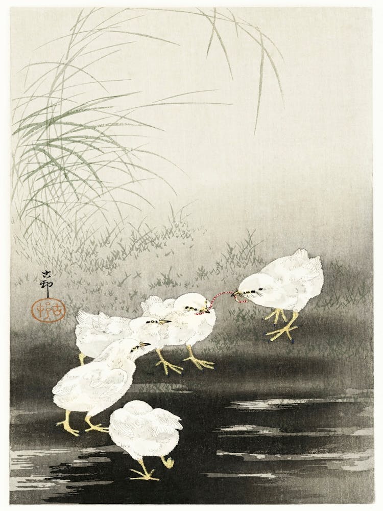 Chicks Eating Worms (1900 1930), Ohara Koson