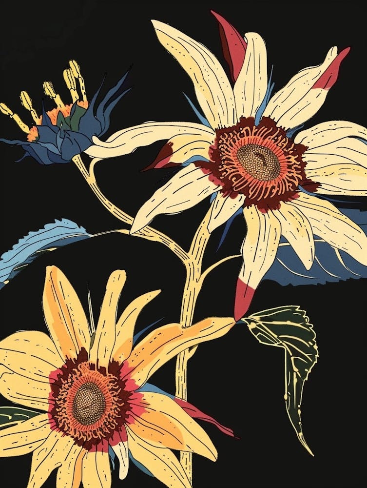 Neon Flowers On Black Sunflower 2