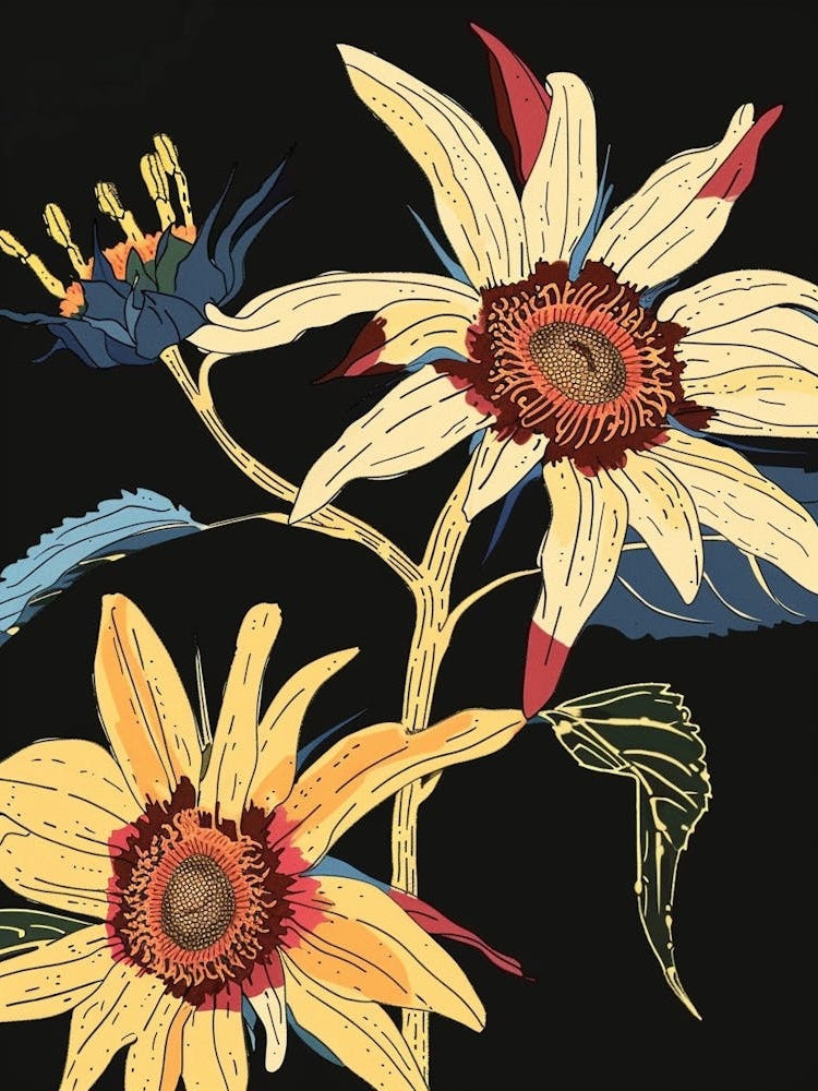 Neon Flowers On Black Sunflower 2