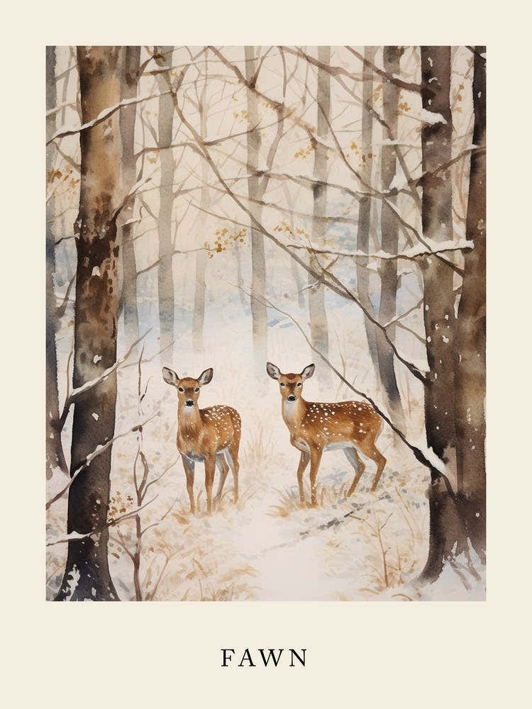 Winter Watercolour Fawn 1 Poster