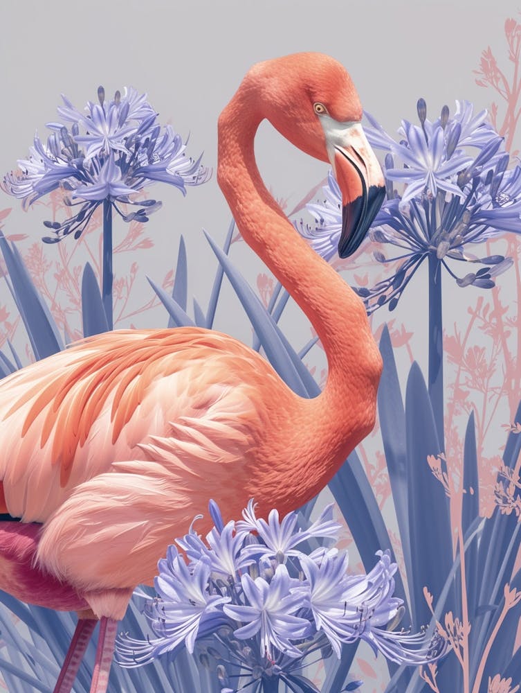 Andean Flamingo And Agapanthus Minimalist Illustration 2