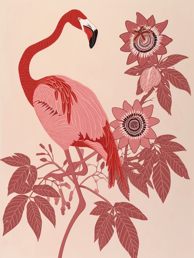 American Flamingo And Passionflowers Minimalist Illustration 2