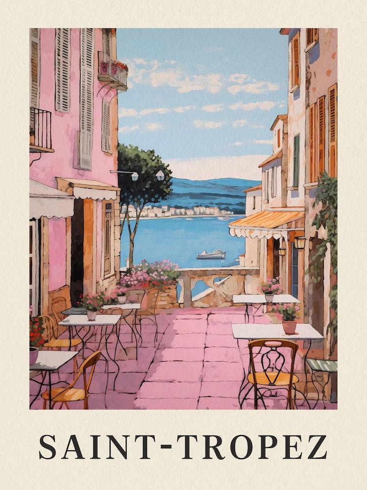 Saint Tropez France 3 Vintage Pink Travel Illustration Poster