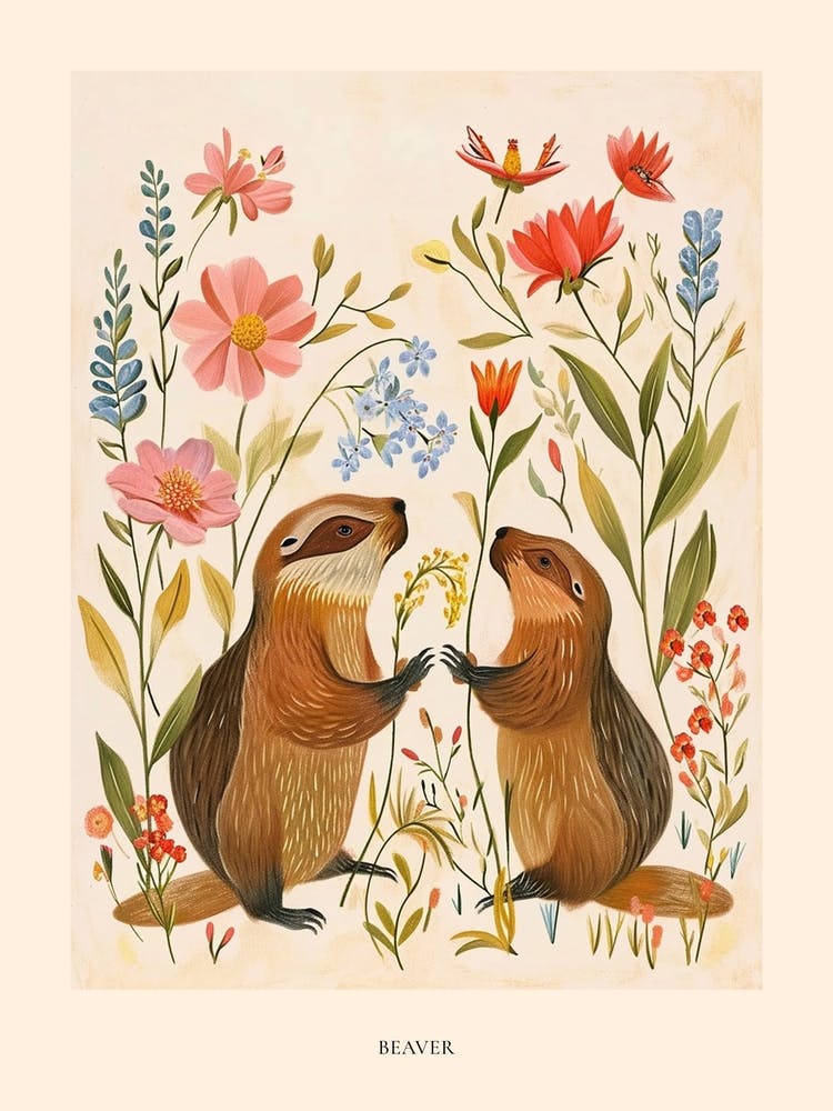 Folksy Floral Animal Drawing Beaver 4 Poster