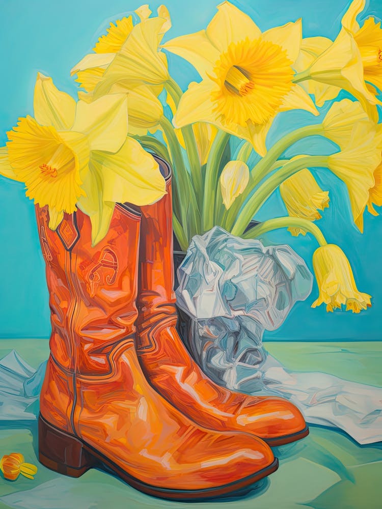 Painting Of Daffodil Flowers And Cowboy Boots, Oil Style 3