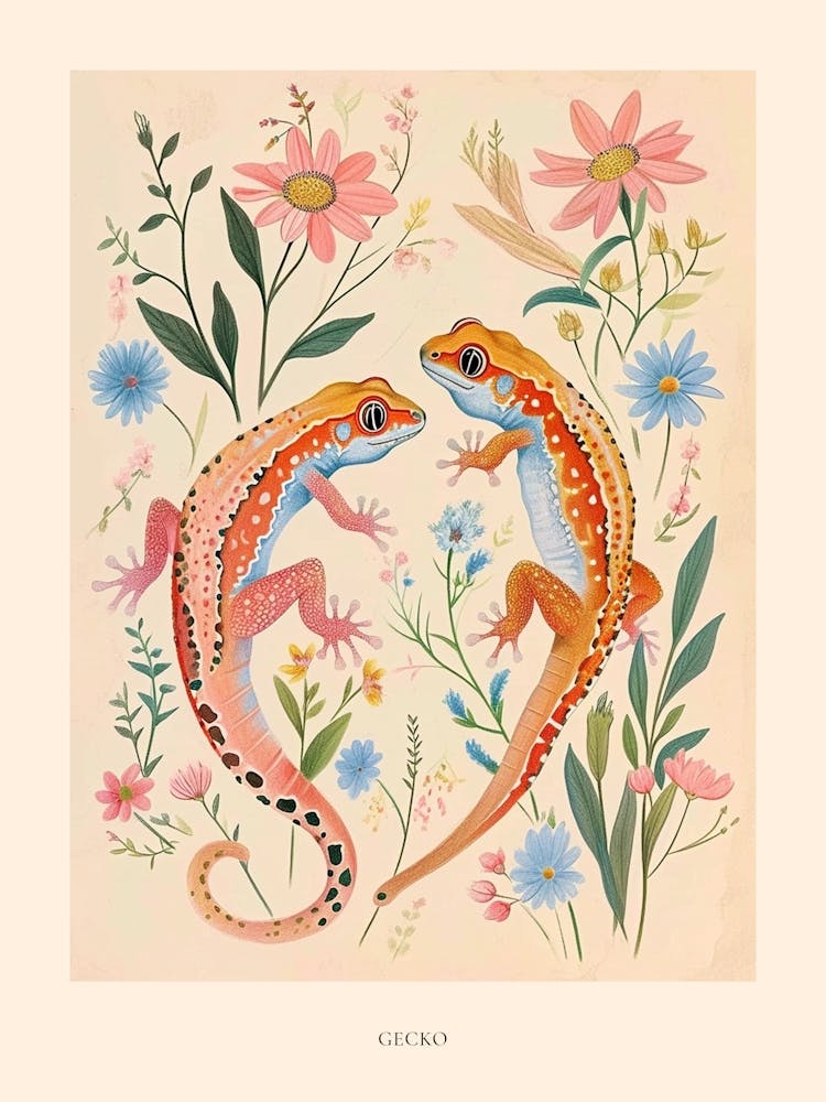 Folksy Floral Animal Drawing Gecko 2 Poster