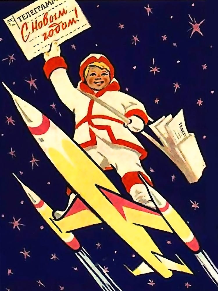 Newspaper Boy On Space Rocket, Soviet New Year Greeting