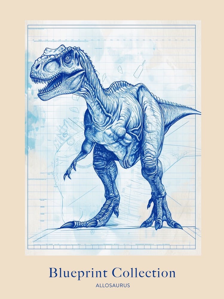 Allosaurus Dinosaur Blue Print Style 3 Poster