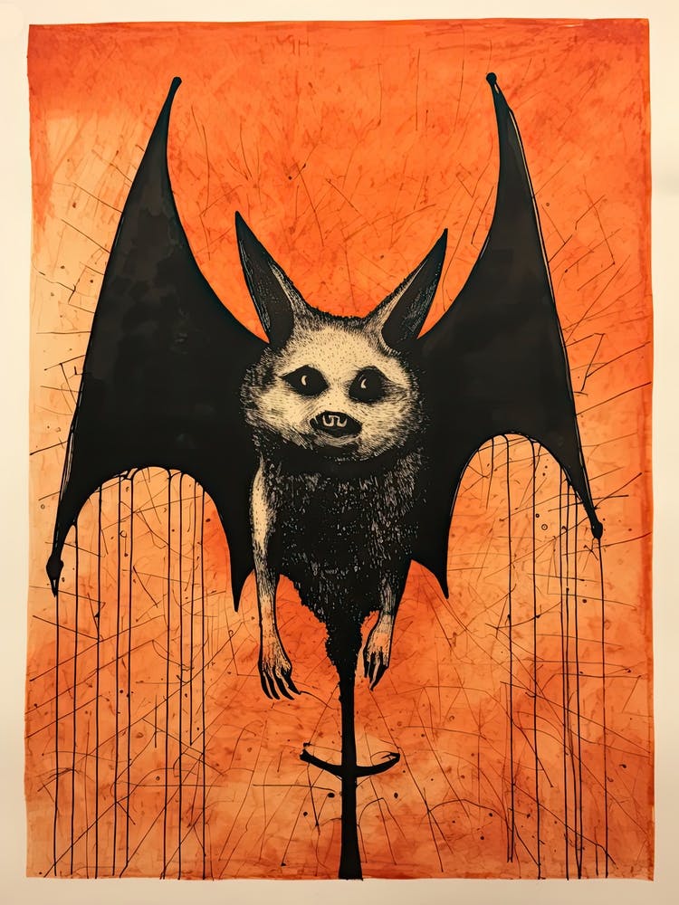Bat, Woodblock Animal Drawing 4