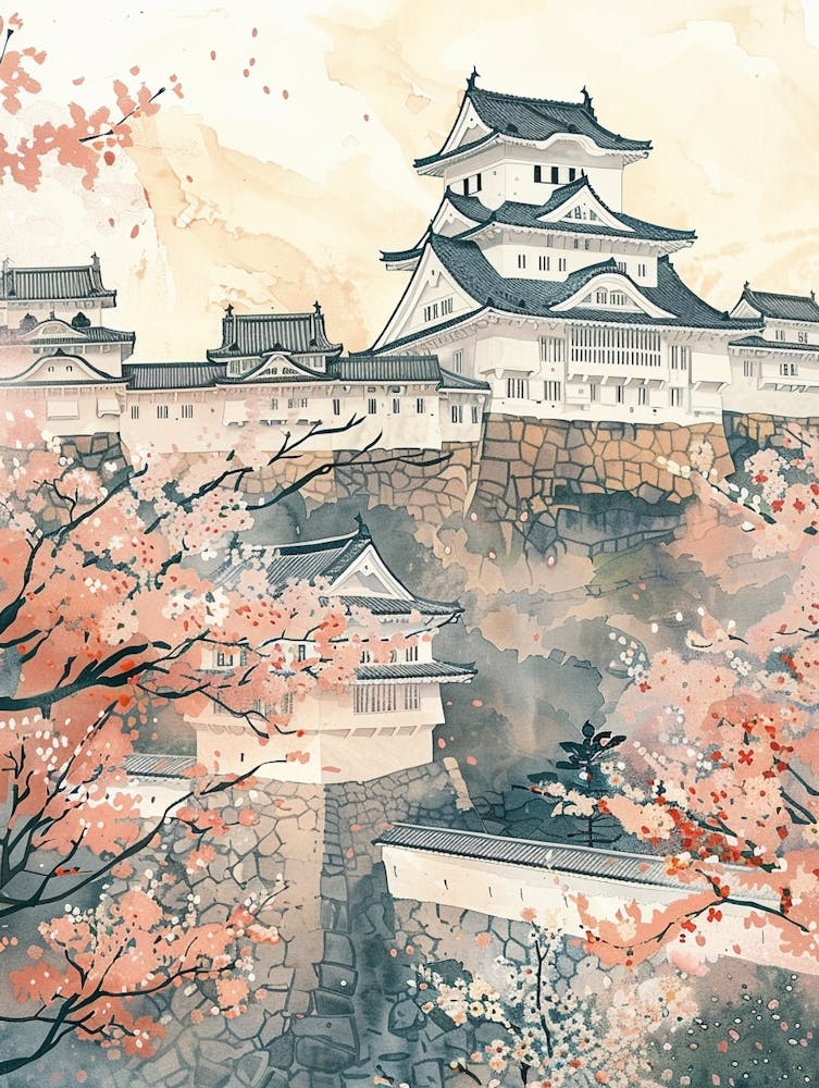 Himeji Japan 3 Retro Illustration