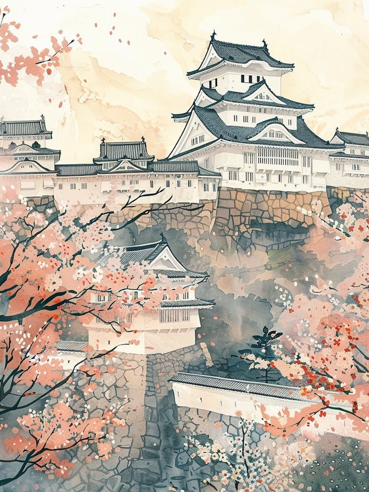 Himeji Japan 3 Retro Illustration