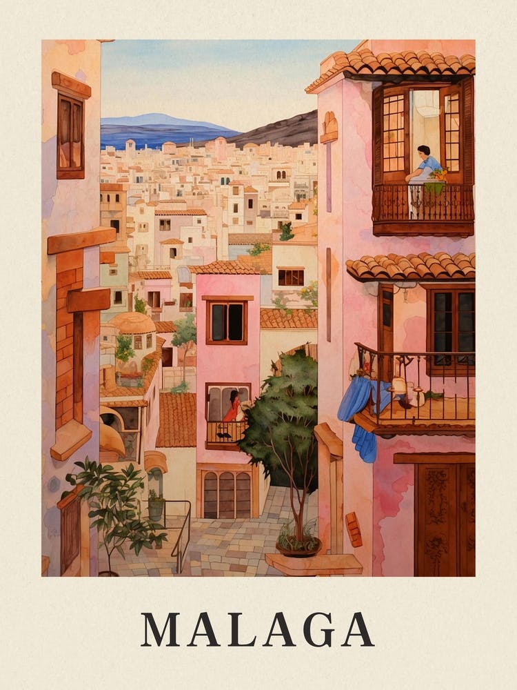 Malaga Spain 4 Vintage Pink Travel Illustration Poster