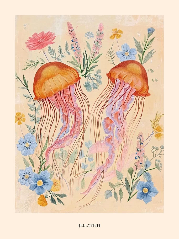 Folksy Floral Animal Drawing Jellyfish 5 Poster