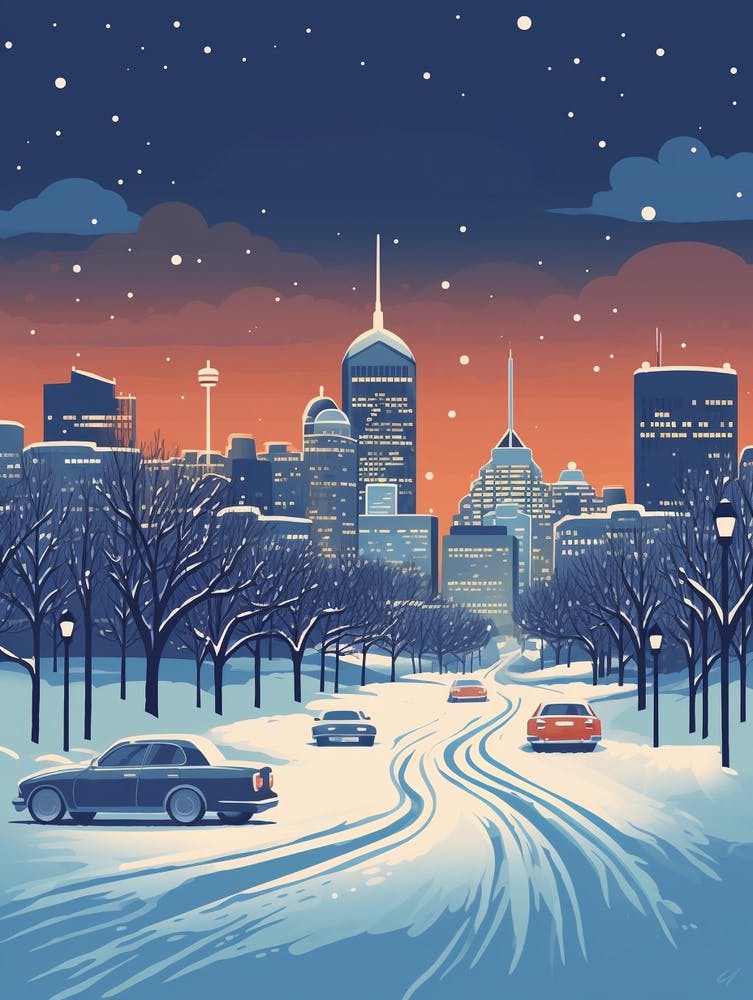 Winter Travel Night Illustration Montreal Canada 1