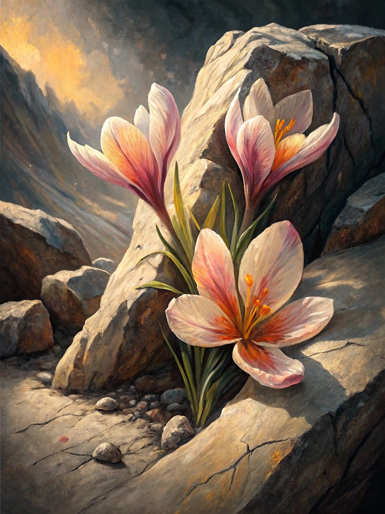 Oil Painting Style Blooming Petals Emerging From