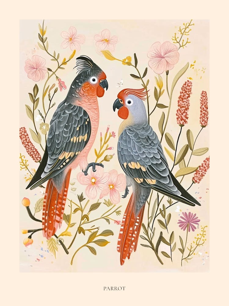 Folksy Floral Animal Drawing Parrot 1 Poster