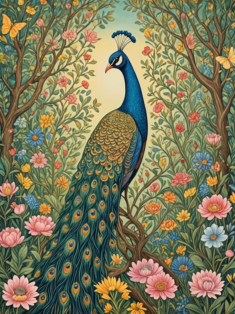 Peacock In The Floral Forest