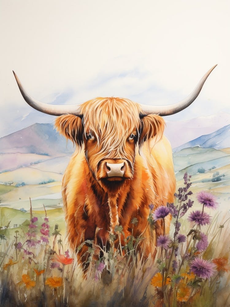 Watercolour Portrait Of Highland Cow In Watercolour Field