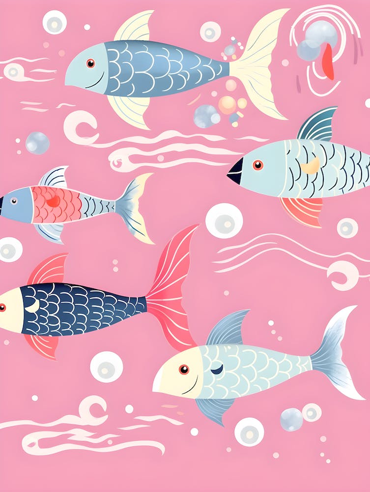 Koi Fish  Floating In Pink Sea | Print