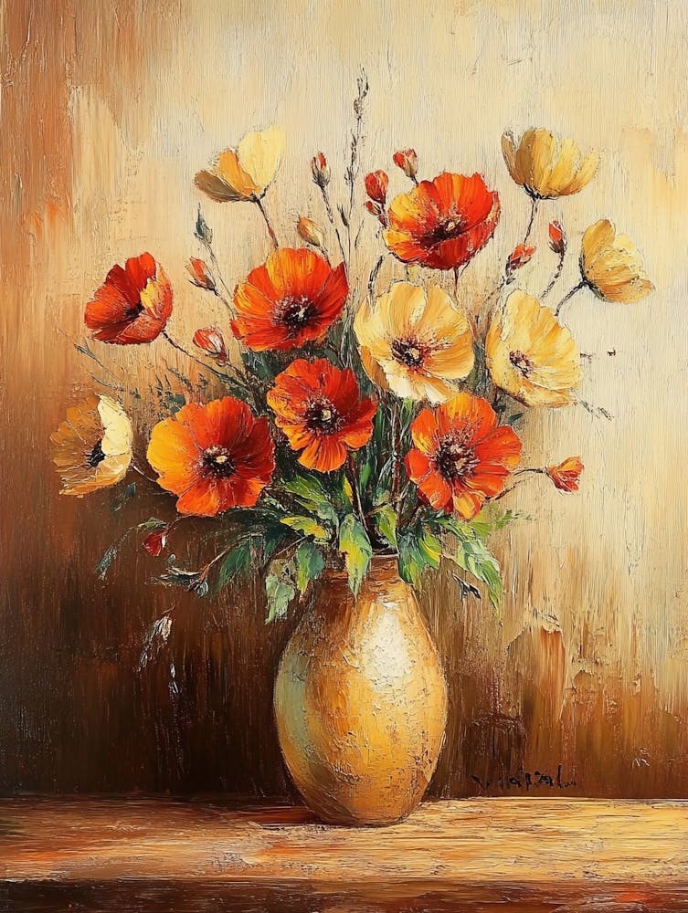 Oil Painting Depicting Still Life Of Flowers In Vase