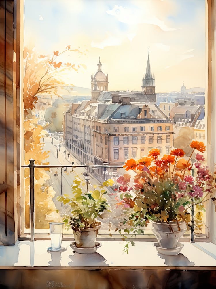Window View Of Oslo Norway In Autumn Fall, Watercolour 3