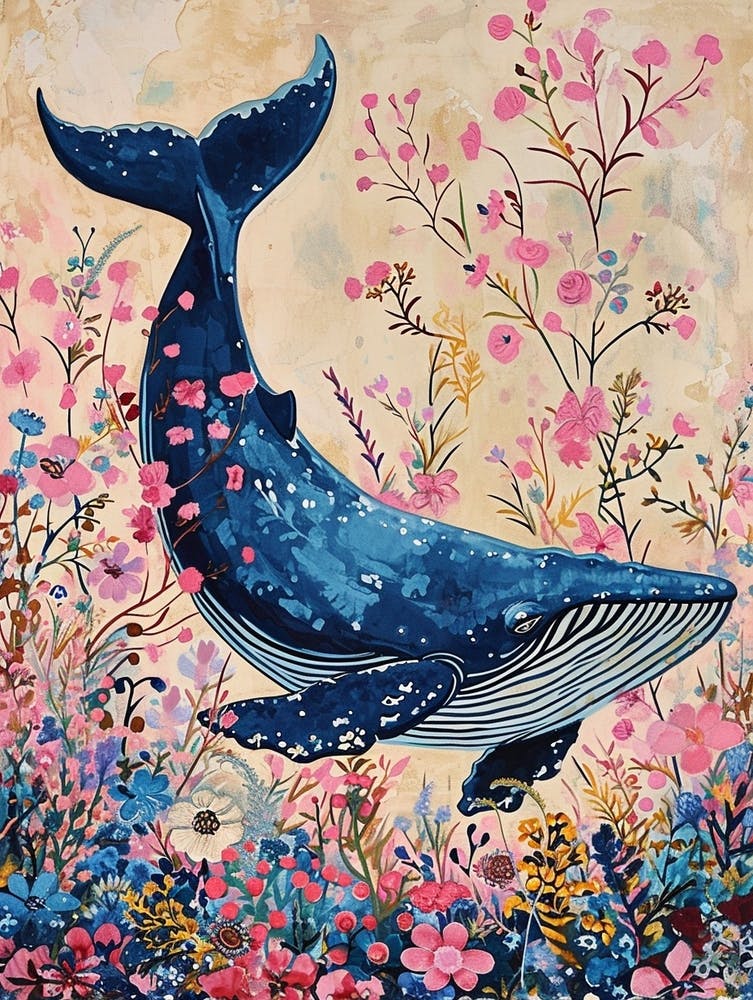 Floral Animal Painting Blue Whale 1
