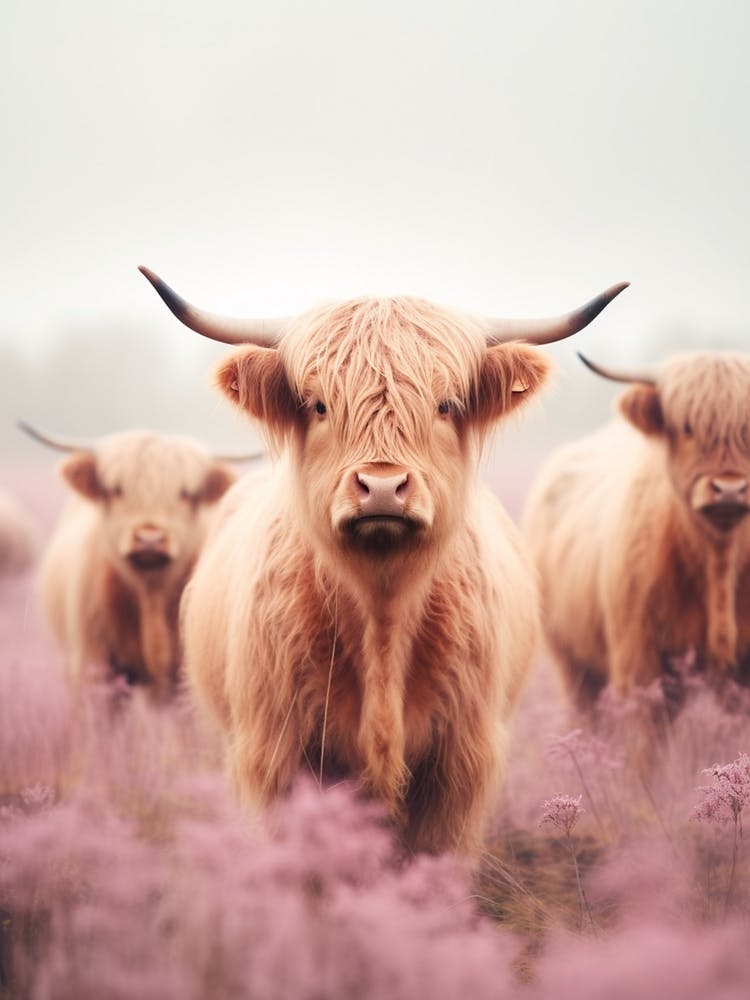 Blush Pink Portrait Of Three Highland Cows