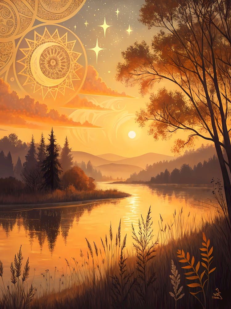 Oil Painting Style Bohemian Lake Sunrise Spiritual Landscape with Celestial Art