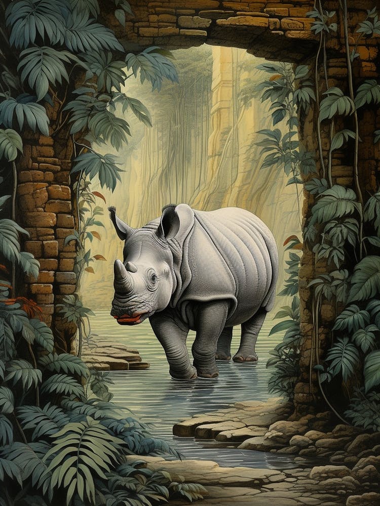 Rhino In The Jungle Realistic Illustration 2