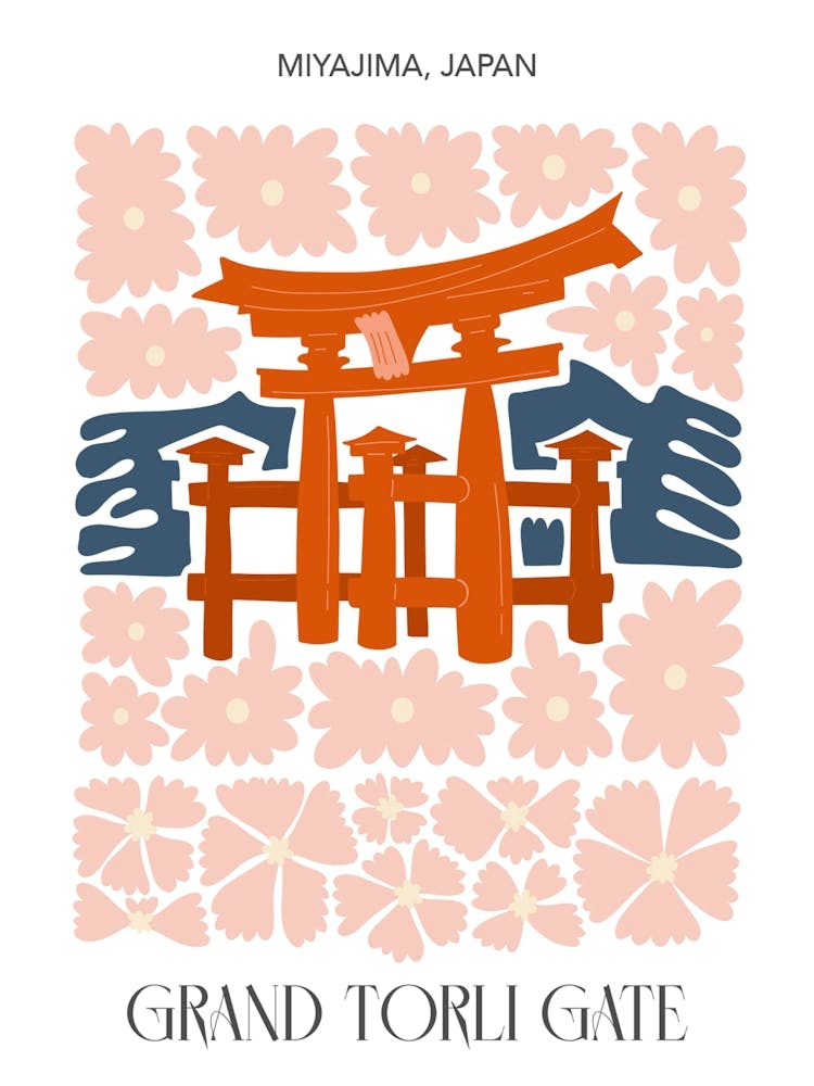 Grand Torli Gate   Miyajima, Japan, Travel Poster In Cute Illustration