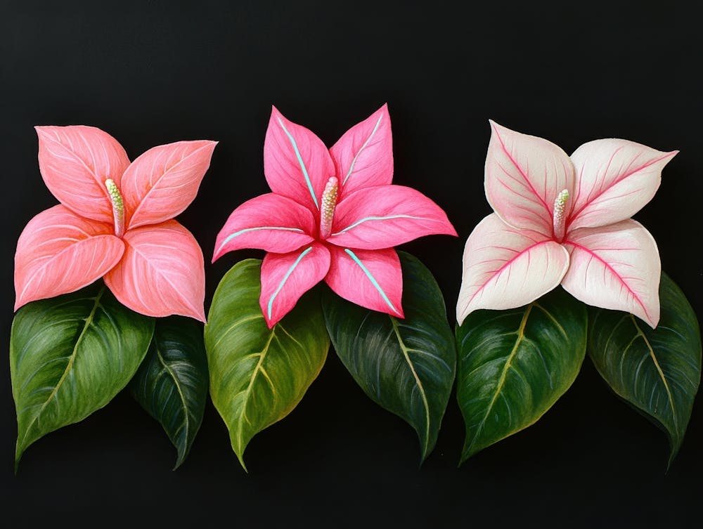 Three Pink Flowers On A Black Background