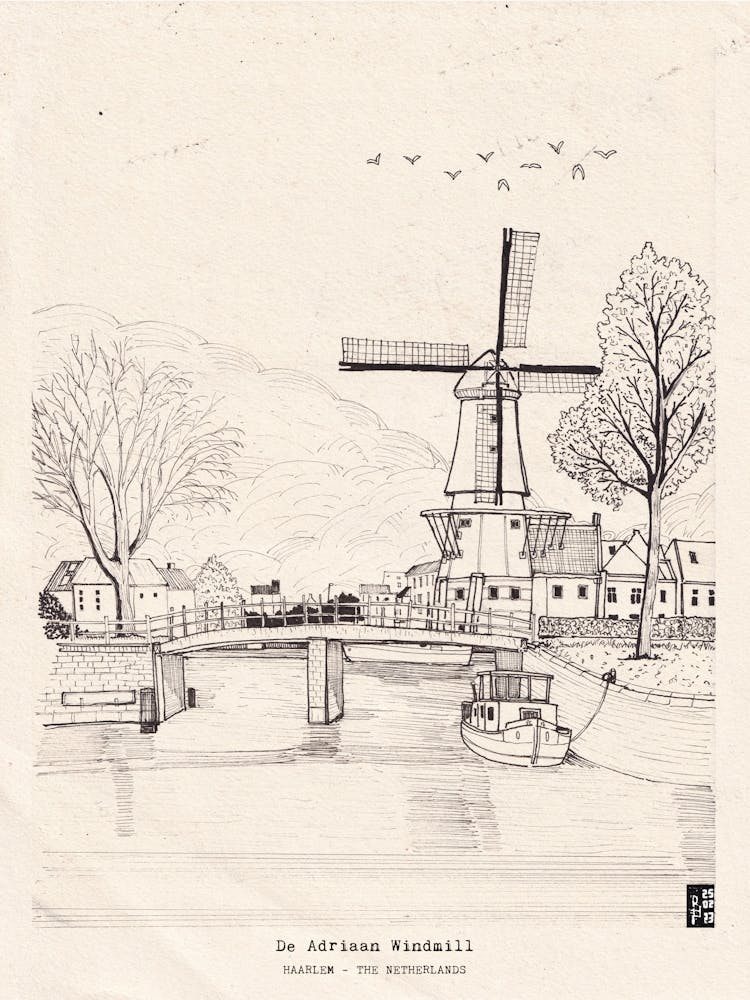 Haarlem Netherlands Pen & Ink - Windmill Black Fine Line Illustration - Dutch Windmill Print - Netherlands Travel