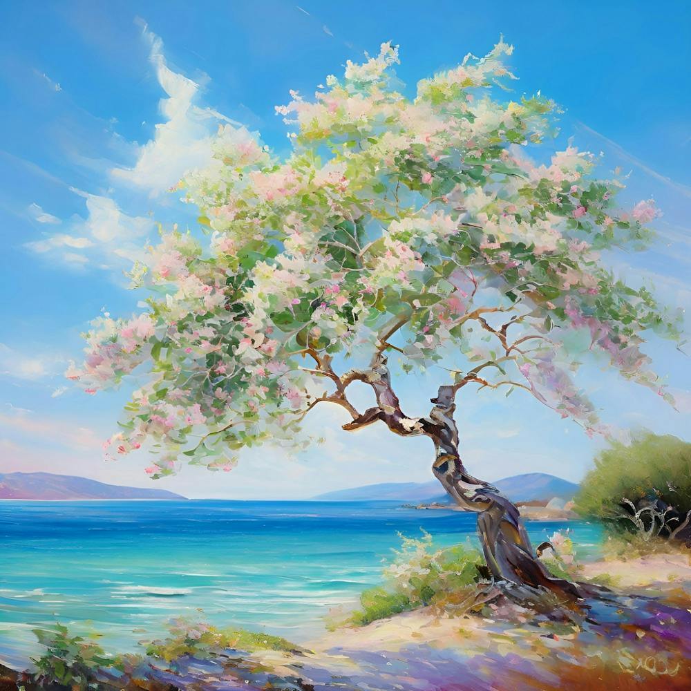 An Enchanting Impressionistic Painting That Masterfully Encapsulates A Pistachio Tree By The Sea (1)
