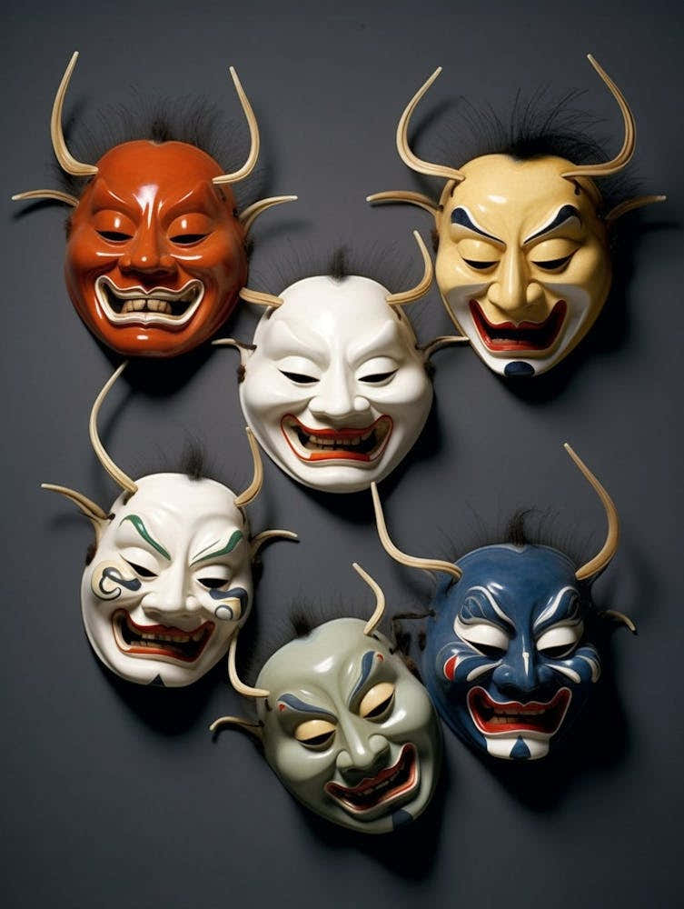 Noh Masks Japanese Style Illustration 15