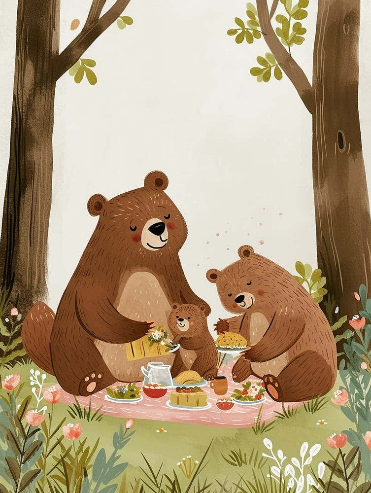 Brown Bear Family Picnicking In The Woods Storybook Illustration 1
