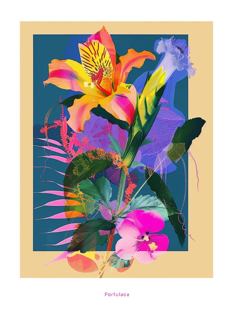 Portulaca 1 Neon Flower Collage Poster