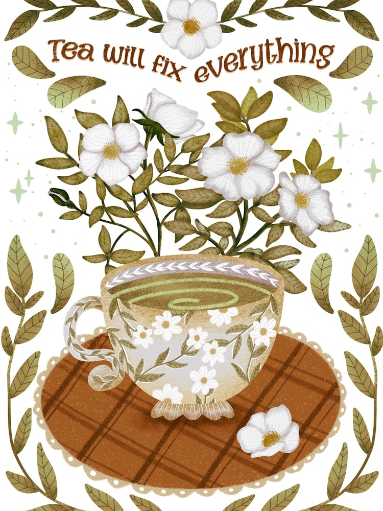 Tea time art illustration with flowers and leaves